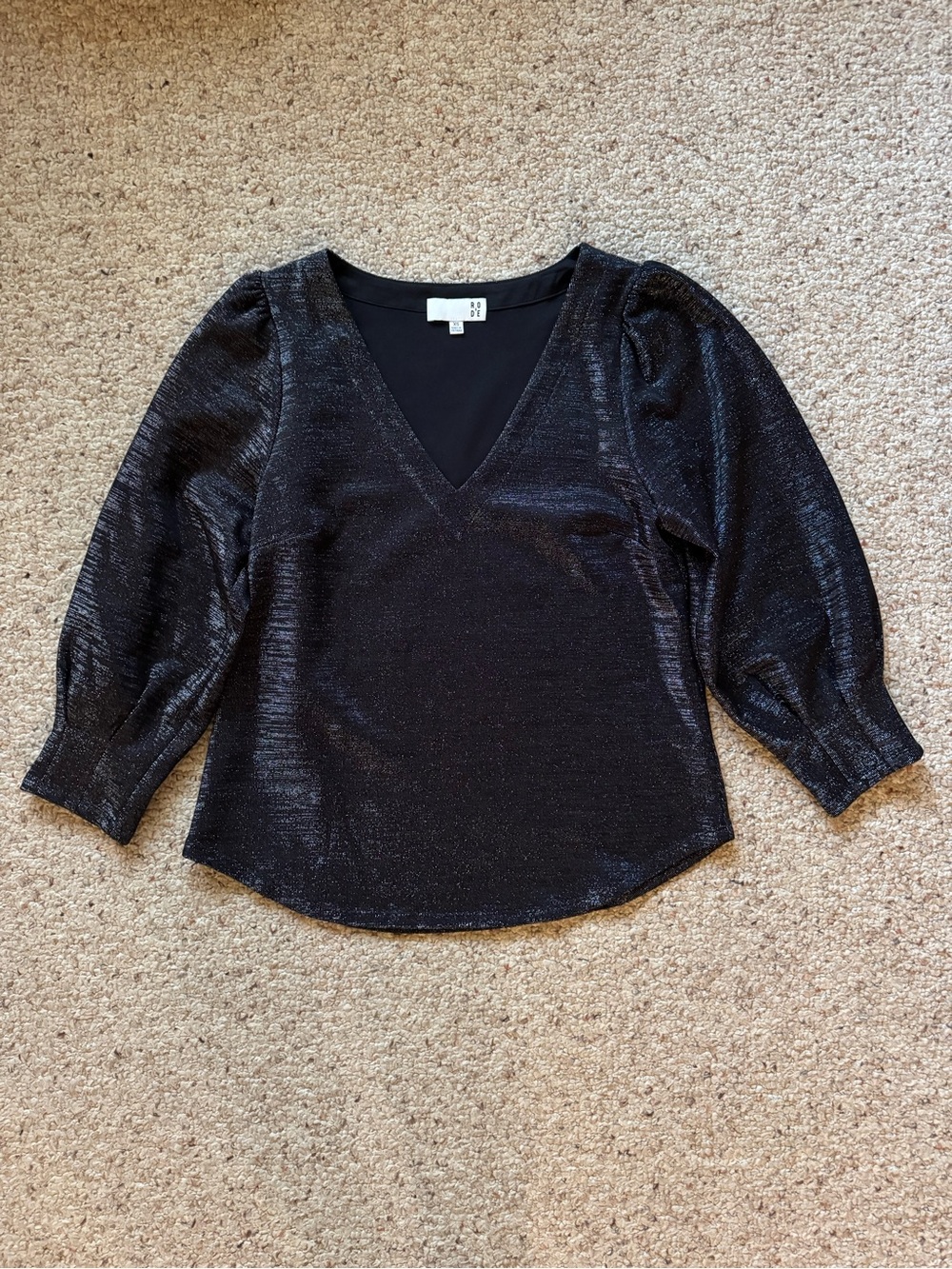 Ro & De Black Shimmer V-Neck Puff Sleeve Blouse